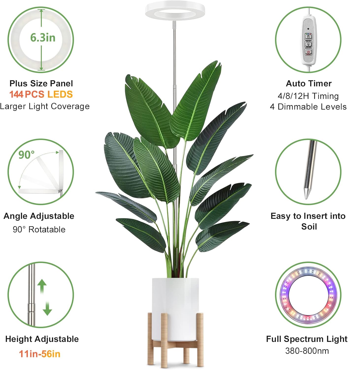 LBW Grow Lights for Indoor Plants, 144 LEDs Full Spectrum Plant Light, Large Plant Lamp with 4 Dimmable Levels, 4/8/12H Auto Timer, Height Adjustable, Halo Growing Lamp for Tall Plants, 2 Pack