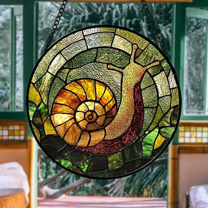 Stained Glass Window Hanging, Green Orange Snail Sun Catcher for Door Home Decor Suncatcher Christmas Mother's Day Birthday Gifts for Women Men Mom and Nana 11.8 in