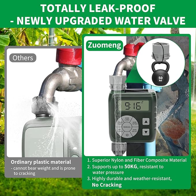Sprinkler Timer, Programmable Irrigation Water Timer for Garden Hose, Solar/Battery Dual Power & Professional Leak-Proof Design, Rain Delay/Auto/Manual Watering System, Green