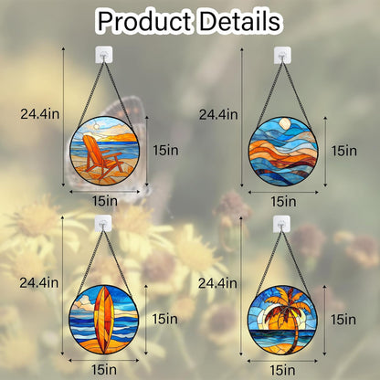 Stained Glass Window Hanging 4 Pcs Set Blue Orange Ocean Beach Theme Large 15" - Suncatcher Door Garden Sun Catcher Decor Birthday Christmas for Mom Woman Nana Men Wife