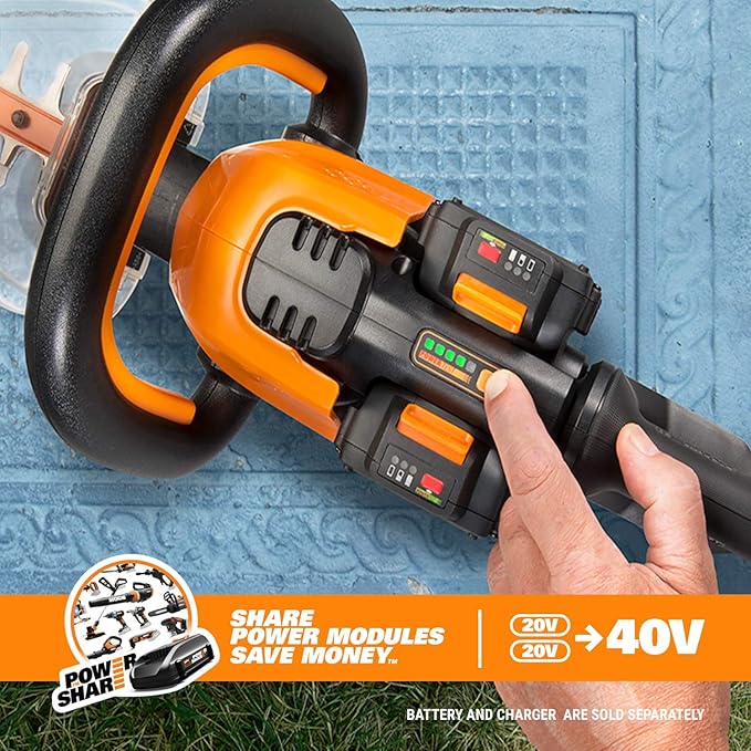 WORX WG284.9 26" 40V Cordless Hedge Trimmer, Electric Hedge Trimmer with Dual-Action Blades, Brushless Bush Trimmer with 180° Rotating Handle, 2 Batteries & Charger Not Included