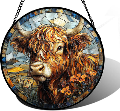 Stained Glass Window Hanging - Funny Cow Flower Suncatcher Ready to Hang Window Doors Home Decoration and Christmas, Mother's Day Birthday Gifts for Women, Men, and Mom 6.3x6.3 in