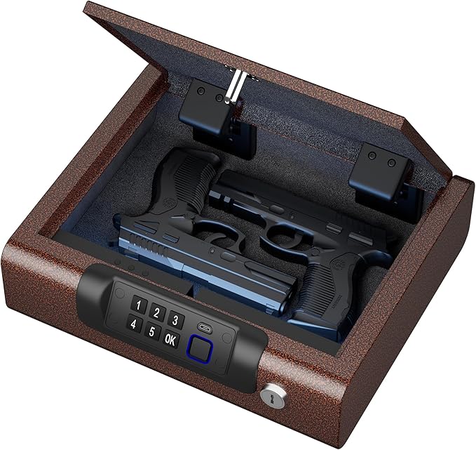 Gun Safe,Biometric Gun Safe for Pistols 3-Ways unlock Fingerprint Digital PIN Key Unlock with Voice, Lock box for Cloakroom living room Bedroom Nightstand and Car BILLCONCH - Antique Bronze