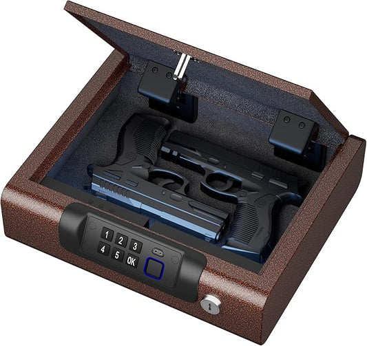 Gun Safe,Biometric Gun Safe for Pistols 3-Ways unlock Fingerprint Digital PIN Key Unlock with Voice, Lock box for Cloakroom living room Bedroom Nightstand and Car BILLCONCH - Antique Bronze