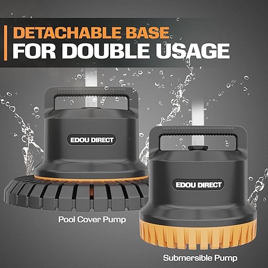 EDOU Pool Pump - Dual Usage Submersible & Pool Cover Pump - 850 GPH Flow Rate - Ideal for Water Draining - Ultra Quiet Pump - Includes 3 Adapters 1/4" 1/2" & 3/4", 25ft Power Cord & 16ft Drainage Hose