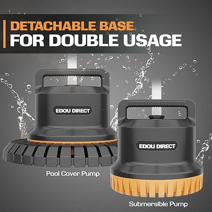 EDOU Pool Pump - Dual Usage Submersible & Pool Cover Pump - 850 GPH Flow Rate - Ideal for Water Draining - Ultra Quiet Pump - Includes 3 Adapters 1/4" 1/2" & 3/4", 25ft Power Cord & 16ft Drainage Hose