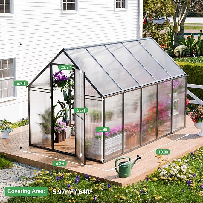 CDCASA 10.3x6.2x6.7 FT Greenhouse for Outdoors, Easy Assembly Thicker Aluminum & Polycarbonate Greenhouses w/2 Windows, Swing Door, Walk-in Green House for Outside, Patio, Backyard, Garden
