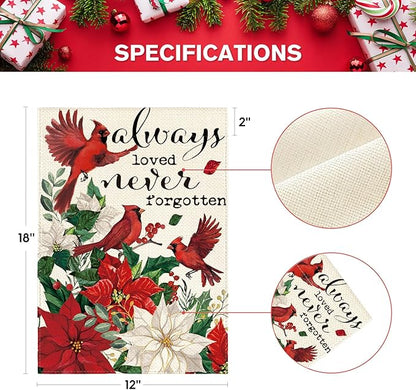AVOIN colorlife Always Loved Never Forgotten Memorial Garden Flag 12x18 Inch Double Sided Outside, Cardinal Christmas Poinsettia Yard Outdoor Decorative Flag