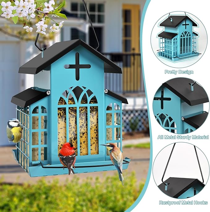 Church Metal Hanging Bird Feeder for Outdoors, Weatherproof Suet Feeders for Outside Hanging, Large Bird Feeders Great for Attracting Finch, Woodpecker and More Wild Birds-5LB