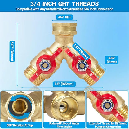 Garden Hose Splitter Full Flow, Brass Y Hose Splitter 2 Way Heavy Duty with Shutoff, Outdoor Water Faucet Splitter Hose Connector, Y Valve 3/4 Inch GHT Thread