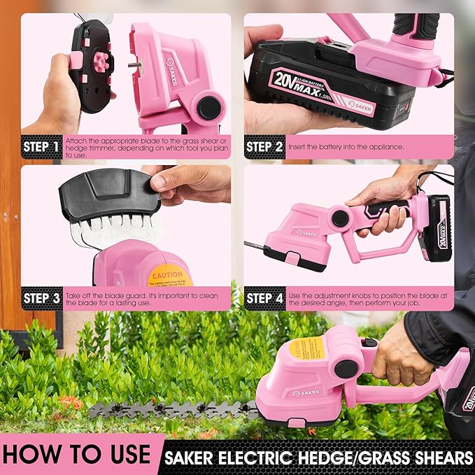 Saker Cordless Hedge Trimmer-20V Electric Shrub Trimmer Grass Shears Handheld Grass Cutter, Hedge Shear with 2 PCS Rechargeable Battery and Charger for Garden, Lawn(Pink)