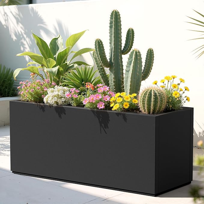 Large Rectangle Planter Metal Black Planter Box with a Drainage Hole and a Removable Divider Indoor Outdoor Porch Pots for Tall Plants, Trees, Flowers 37.99"x 15" x 16.26" Black