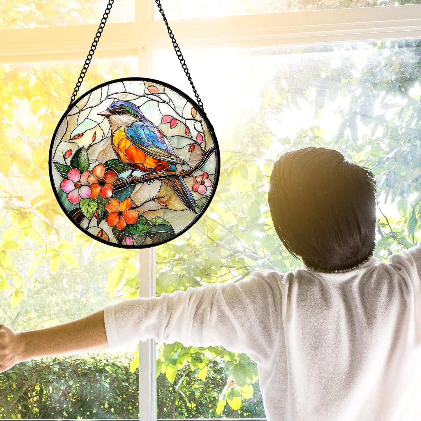 Stained Glass Window Hanging, Blue Bird Pink Flower Suncatcher Diamond Glass Panel Bird Sun Catchers Decor for Birthday for Women, Men, Wife, Aunt, and Mom 7.8 in