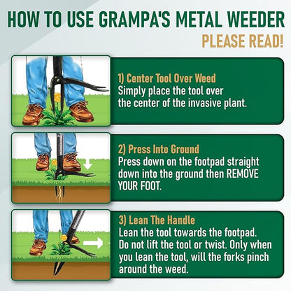 Grampa's Metal Weeder - Stand Up Weed Puller Tool with Steel Long Handle - Made with All Steel Handle & 4-Claw Steel Head - Easily Remove Weeds Without Bending, Pulling, or Kneeling (Green)