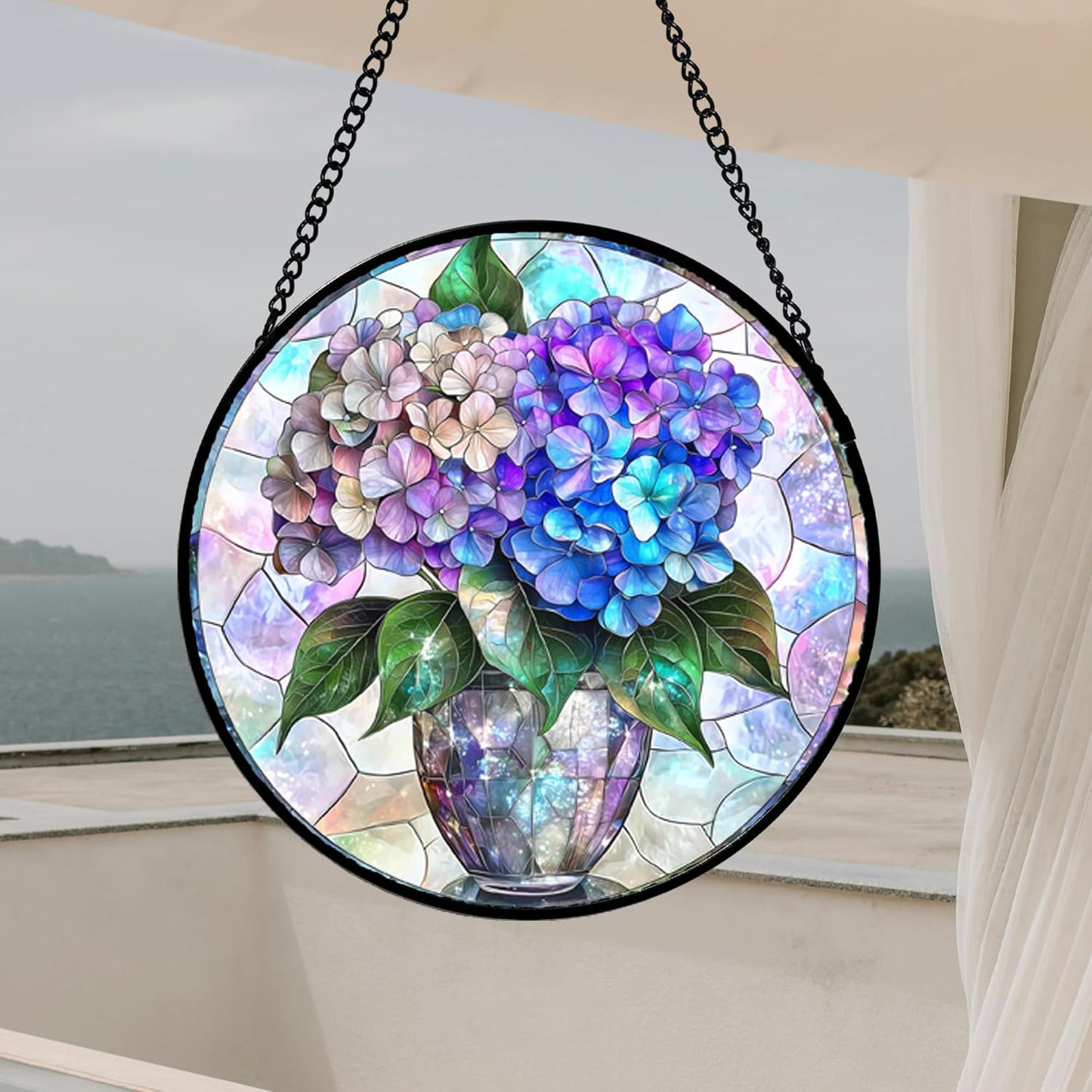 Stained Glass Window Hanging, Blue Purple Hydrangea Flowerpot Suncatcher for Doors Home Sun Catchers Decoration and Christmas, Mother's Day Birthday Gifts for Women, Men, and Mom 11.8 in