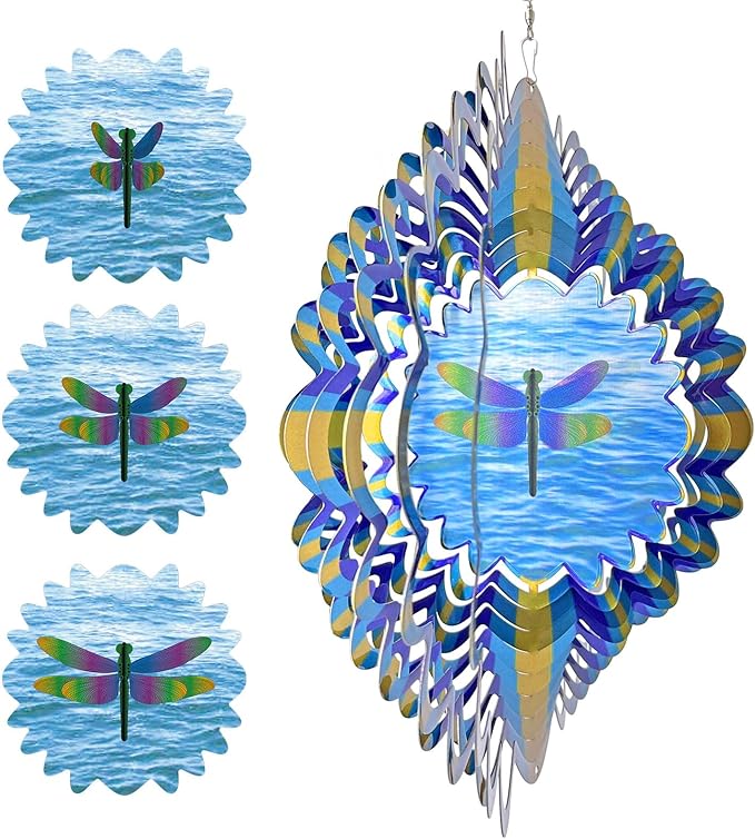Dragonfly Animated Wind Spinner - 12″ Kinetic 3D Hanging Sculpture, Creates Dragonfly Animation Effect | Patio Lawn Garden Decor, Creative Gifts for Mother/Father/Women/Men