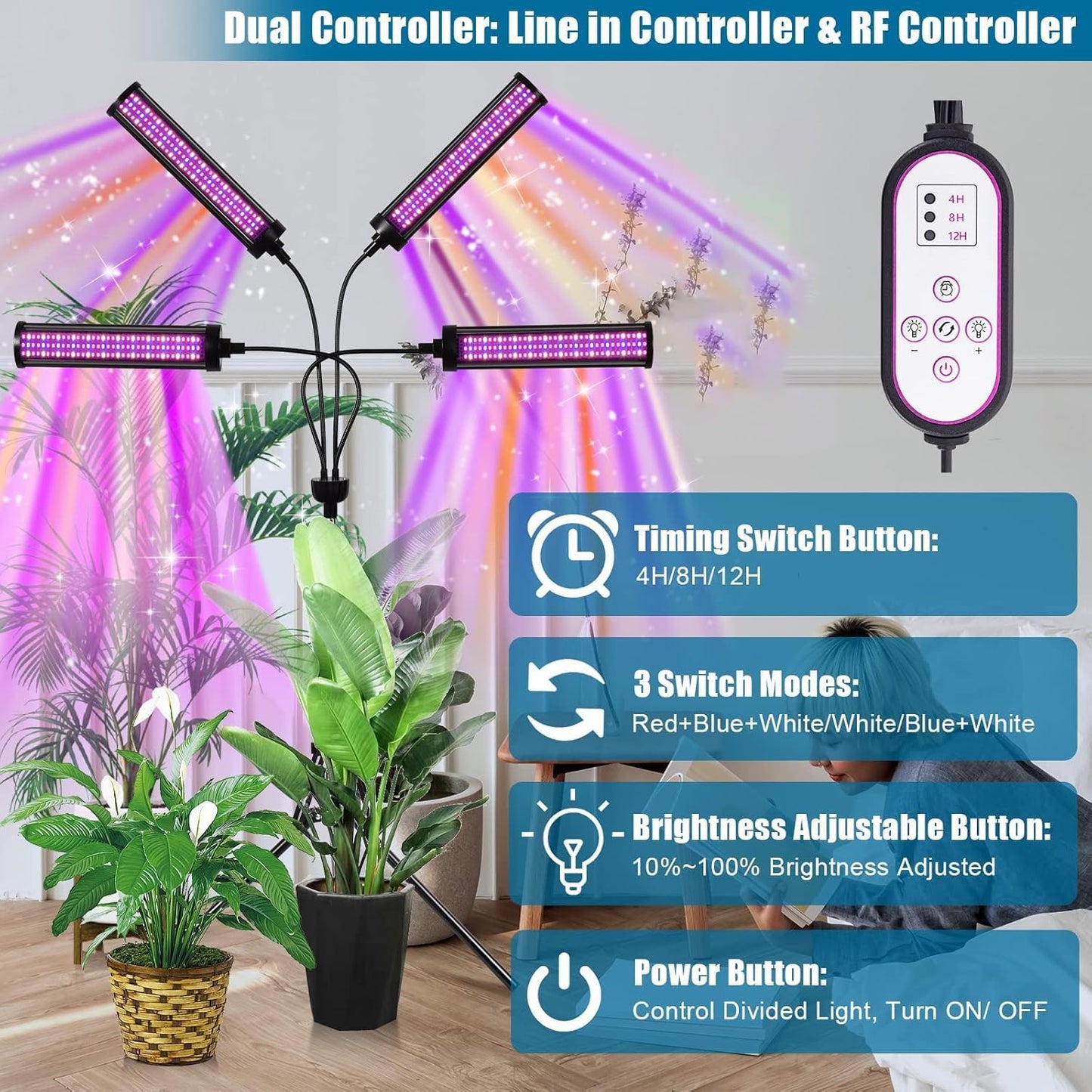 LED Grow Lights for Indoor Plants, 432 LEDs Red Blue White Full Spectrum Plant Lights for Indoor Growing with 15-63 inches Adjustable Tripod Stand, 4 Heads Grow Lamp with 4/8/12H Auto On/Off Timer