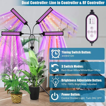 LED Grow Lights for Indoor Plants, 432 LEDs Red Blue White Full Spectrum Plant Lights for Indoor Growing with 15-63 inches Adjustable Tripod Stand, 4 Heads Grow Lamp with 4/8/12H Auto On/Off Timer