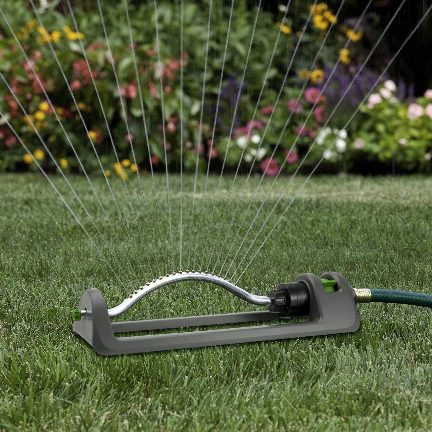 Lawn Sprinkler, 18-Hole Brass Nozzle Oscillating Sprinkler, Garden Tool for Lawns up to 3,600 Square Feet, Jet Cleaning Needle Hidden on The End of The Product, Gray