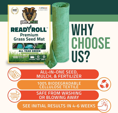 Petramax ReadyRoll Biodegradable Grass Seed Mat for Lawn (432 ft.) - All Year Green 3-in-1 Tall Fescue & Kentucky Grass Seed Rolls w/Mulch & Fertilizer - Lawn Repair Patch - Just Roll, Water, Grow