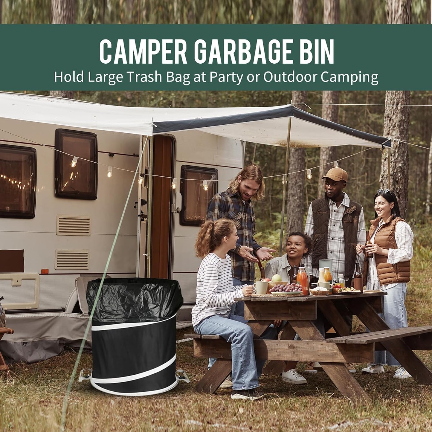 Rachmi 40 Gallon Collapsible Trash Can 2-Pack | Reusable Outdoor Pop-Up Yard Waste Leaf Bag Garden Garbage Bin for Camping, Black