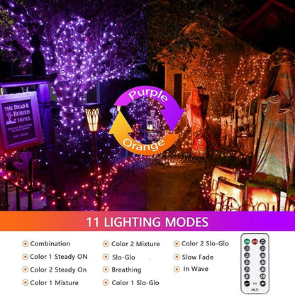 Upgraded Connectable 200 LED Halloween String Lights Outdoor Indoor, 11 Modes Orange to Purple Halloween Decorations Lights, Waterproof Twinkle Fairy Lights Plug in Clear Wire for Tree, Bedroom Decor