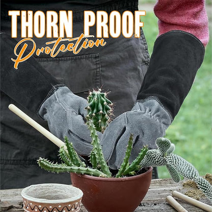 HANDLANDY Long Gardening Gloves for Men & Women, Cowhide Leather Rose Pruning Gloves, Breathable Thorn Proof Gauntlet Glove (Dark Grey-Black, XL)