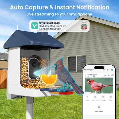 Smart Bird Feeder with Camera, Solar Powered Bird Feeders for Outdoors, 1.8L 2K AI Identify 10,000+ Birds Species, Birds Feeder Camera IP65 Instant Notification, Ideal Gift for Avian Lovers