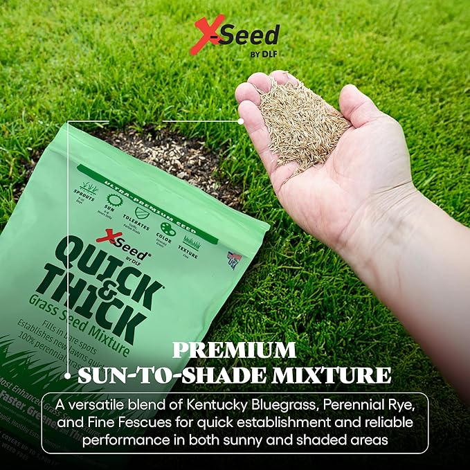 X-Seed Ultra Premium Quick and Thick Lawn Seed Mixture – Rapid Germination for Any Lawn, Dense Coverage in Sun to Shade, High-Traffic Areas, Fescue, Kentucky Blue, & Perennial Ryegrass Blend, 3lb Bag