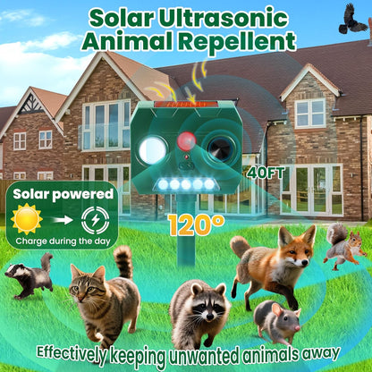 Solar Ultrasonic Animal Repellent Outdoor, 2 Pack Cat Squirrel Raccoon Bird Dog Deer Repellent Devices with PIR Motion Sensor ＆ LED Flash, Waterproof Animal Deterrent for Garden Yard Farm
