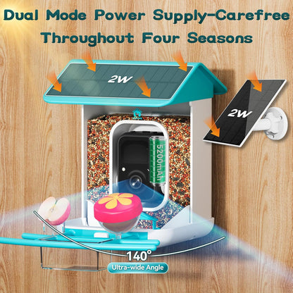 Smart Bird Feeder with Camera-AI Identify 11,000+ Species, 2K HD Auto Capture Birds Video & 64G TF Card, Solar-Powered Wireless Outdoor Design, Birdhouse with Built-in Two-Way Microphone