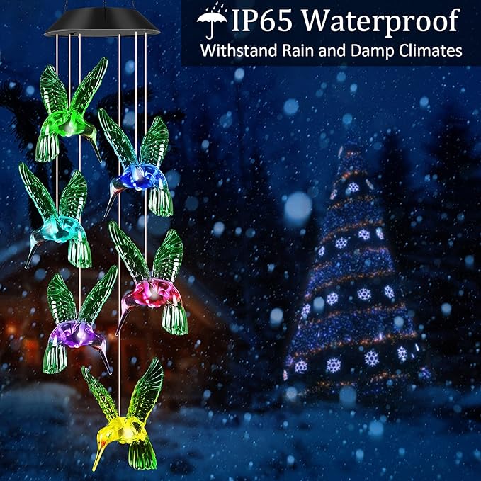 JOBOSI Hummingbird Decor Gifts, Solar Hummingbird (3.5 * 4.5in) Wind Chimes Lights, Mothers Day Wind Chime Gift, Gifts for mom, Women, Grandmother, Outdoor Garden Lawn Yard Decor