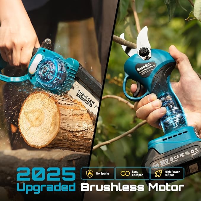 SEESII Mini Chainsaw & Pruning Shears: 6" Electric Saw Brushless & 1.3" Pruner with 2×2.0Ah Batteries, Cordless Combo for Wood Cutting/Branch Trimming, Gardening Tools for Dad Men Husband