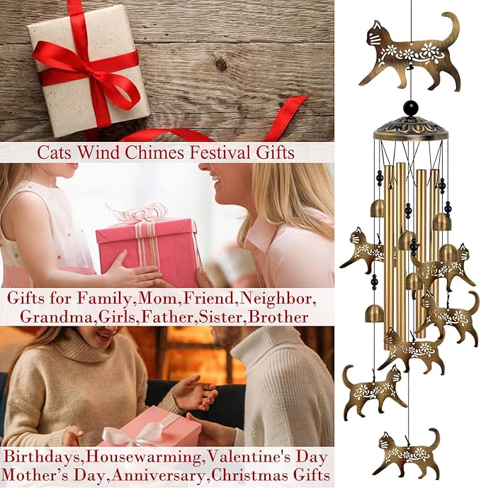 Outside Cat Wind Chime Decor, Memorial Wind Chimes, Cat Wind Catcher, Mobile Wind Bells, Bronze Wind Chimes for Home, Yard, Patio, Garden Cat Decoration, Festival Gifts for Mom, Cats Chimes