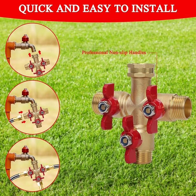 Hose Splitter 3 Way Heavy Duty Brass Valve Garden Hose Splitter with Stainless Steel Long Handle Water Hose Trap Adapter 3/4" GHT Thread