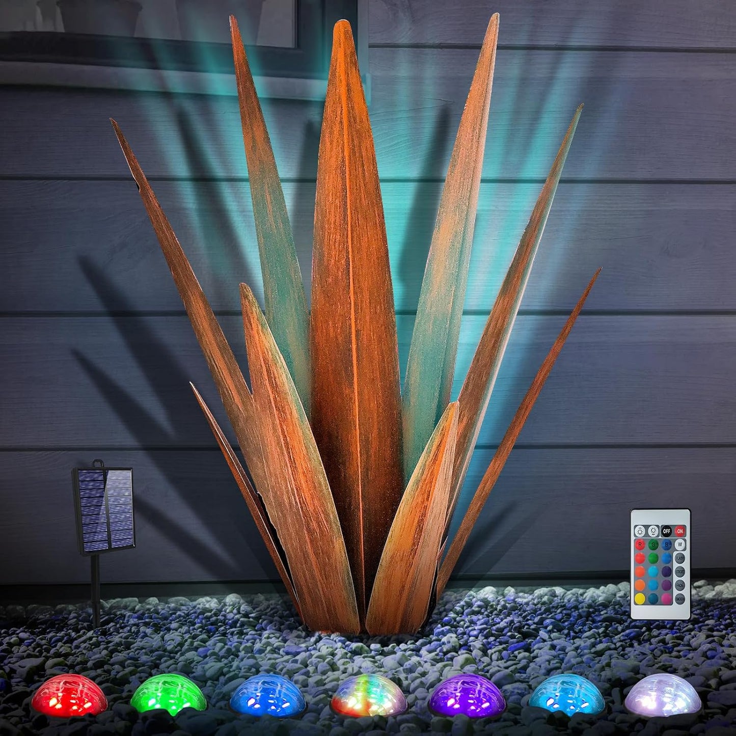 Large Tequila Rustic Sculpture, Rustic Metal Agave Plants for Outdoor, Metal Agave Garden Yard Statue, Outdoor Lawn Ornaments Yard Stakes (Rusty - L (W/Solar Light))