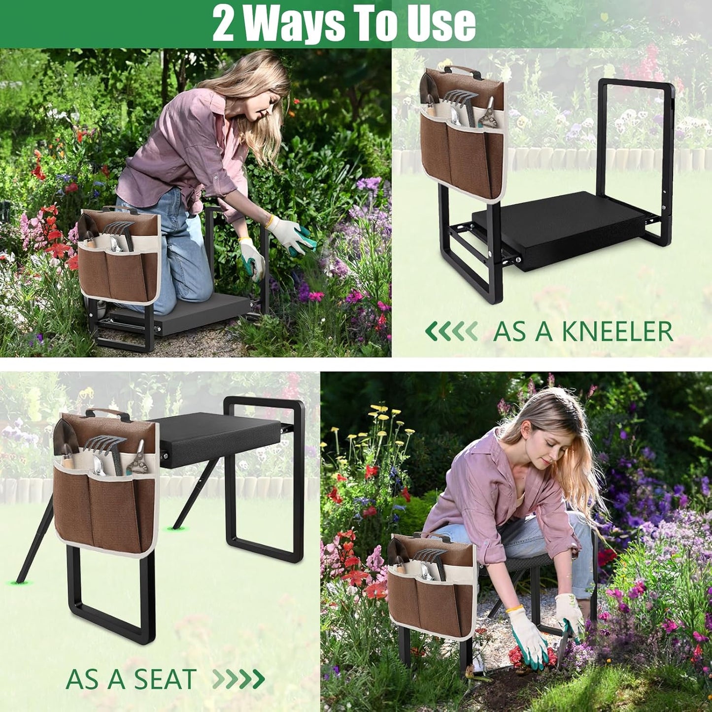 seasky Foldable Garden Kneeling and Seat, Anti-Tipping Gardener Bench Widened Thick Soft Kneeling Pad，Heavy Duty Gardening Stool with Garden Tool Bag, Gardening Gift for Women(Without Gloves)