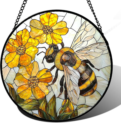 Stained Glass Window Hanging - Yellow Bees Gathering Flowers Sun Catcher for Door Garden Home Decor Cute Suncatcher Christmas Mother's Day Birthday Gifts for Women Men Mom Nana 6.3 in