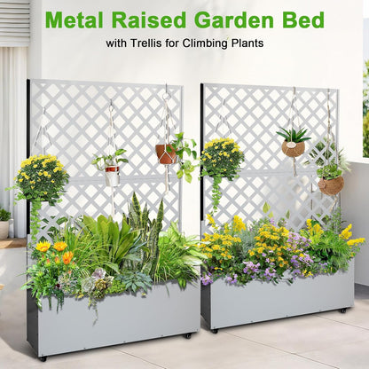GarveeLife Metal Planter Box with Trellis, 73"x47"x12" Raised Garden Bed with Trellis & Wheels, Outdoor Garden Box with Privacy Screen & Drainage Holes for Climbing Plants Flower Vegetable, White