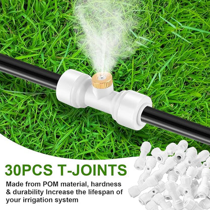 30 Pcs 1/4" Drip Irrigation Tee Connectors for Tube Quick Connect Parts Fittings for 1/4 Inch(6.35mm) Irrigation Tubing or Sprinkler(White,Misting Nozzle)