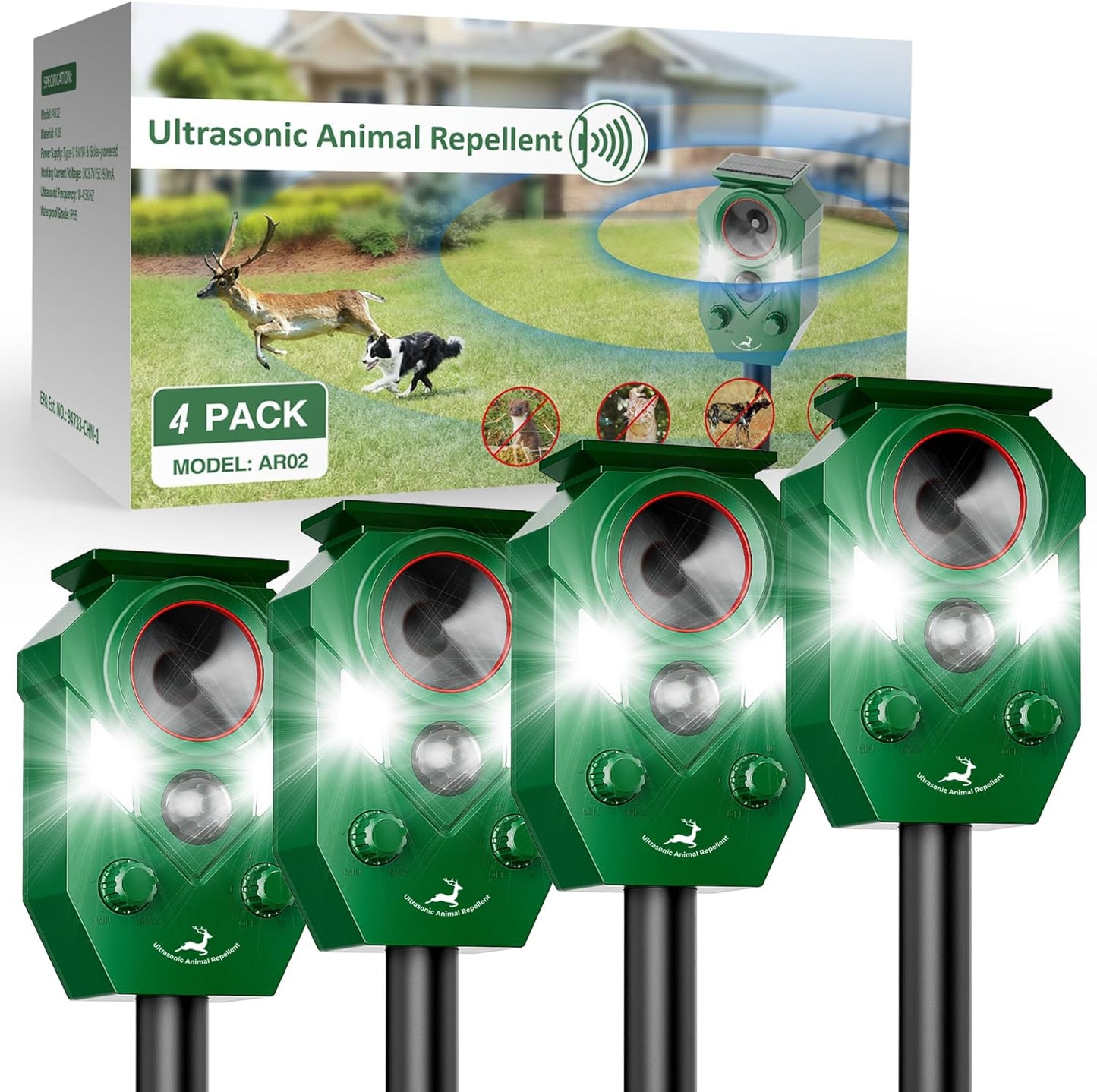 Solar-Powered Ultrasonic Animal Repellent with Motion Sensor, Waterproof Deer Repellent Device with LED Flashing Lights, Perfect for Outdoor Yards, Effective to Repel Deer, Coyotes, Raccoons, and Cats