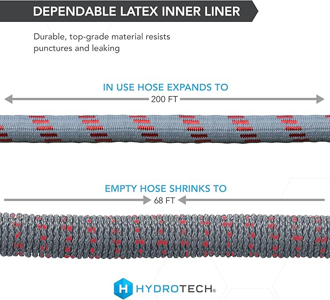 HydroTech 5/8" 200 ft Expandable Garden Hose - Flexible, Lightweight, Durable and Burst-Proof Hose with Reinforced Latex Core and Solid Brass Fittings - Great for Lawn Care, Garden, and Car Washing