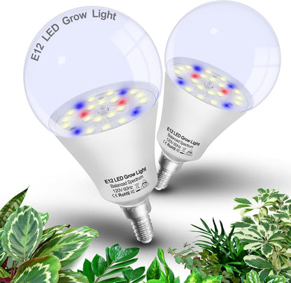 Full Spectrum Small Base E12 Candelabra Plant Grow Light Bulbs,Red Blue Yellow 5000K White Plant Growing Lamp Bulbs 10W with Balanced Spectrum for Indoor Seeds Greens Laboratory,School,Greenhouse,2Pcs