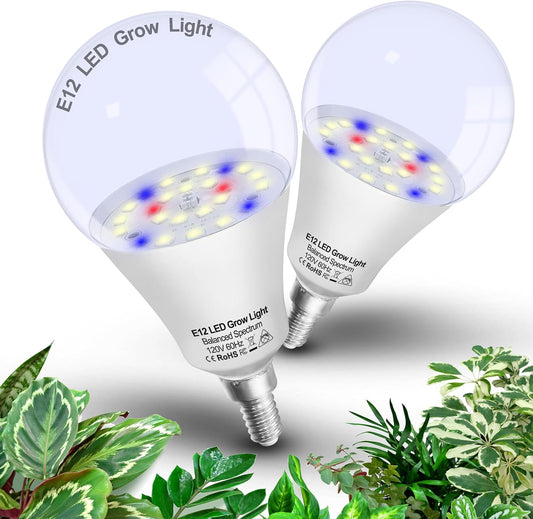 Full Spectrum Small Base E12 Candelabra Plant Grow Light Bulbs,Red Blue Yellow 5000K White Plant Growing Lamp Bulbs 10W with Balanced Spectrum for Indoor Seeds Greens Laboratory,School,Greenhouse,2Pcs