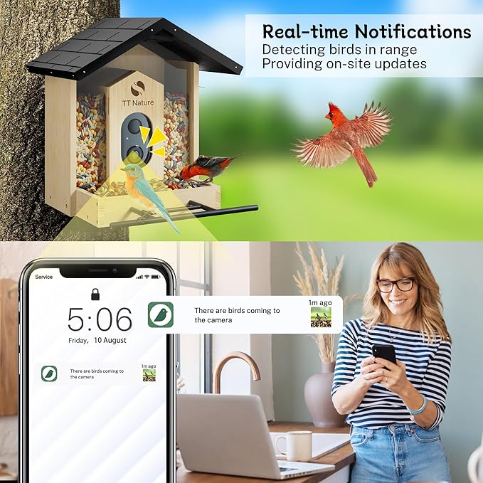 TT Nature Bird Feeder with Camera, Upgraded 1.5L Smart Birdhouse Al Identify for 10000 Plus Species, Auto Capture & Real-time Notifications, Ideal Gift for Bird Lovers (Iron Roof)