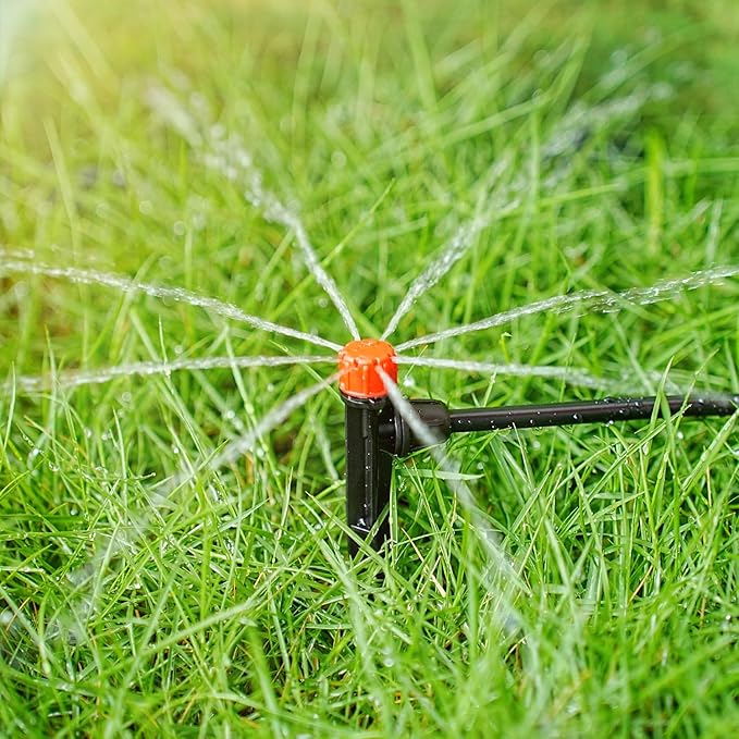 50pcs Drip Emitters for 1/4" Irrigation Tubing, Easy Connect Adjustable 360 Degree Water Flow Sprayer On 5" Stake for 4/7mm Tube Locked Drippers for Garden, Flower, Plant