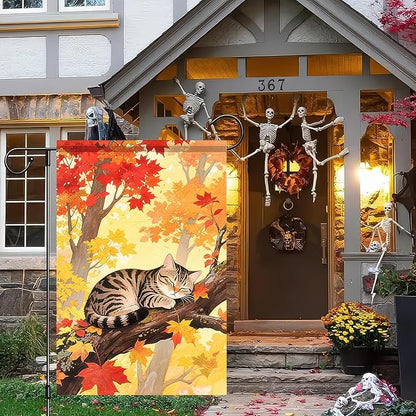 Thanksgiving Fall Garden Flag 12x18 Inch Welcome Tabby Cat Flag Double Sided Outdoor Autumn Yard Banner Sleeping Kitty and Colorful Leaves for Porch Lawn Patio Seasonal Decor