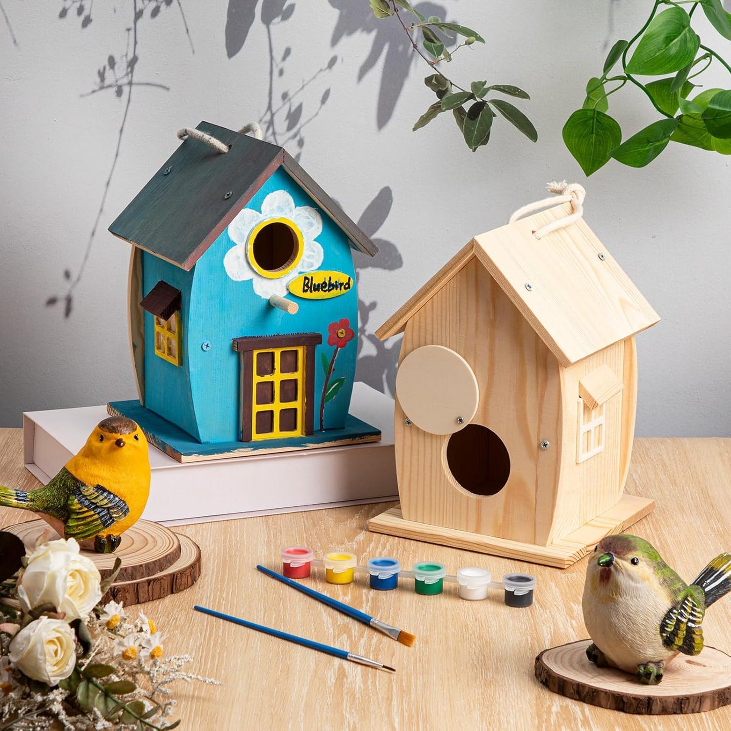 Liliful 2 Pack DIY Unfinished Wooden Birdhouse Craft Wooden Painting Kit with Paint and Paintbrushes for Boy or Girl Classroom Activity and Christmas Kids Craft Gifts(Rural Style)