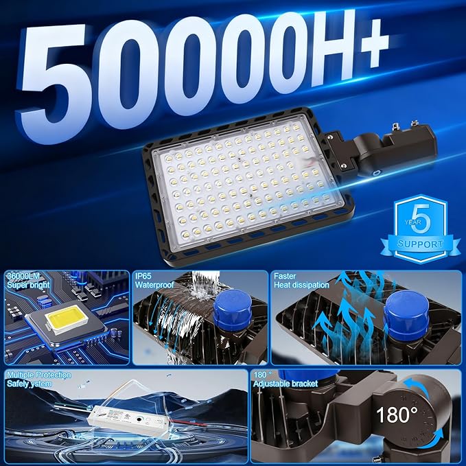 240W LED Parking Lot Lights Outdoor, Super Bright 36000LM 5000K Parking Light with Dusk-to-Dawn 180°Adjustable Slip Fit Mount IP65 Commercial Security Street Area Lighting Heavy-Duty 100-277V