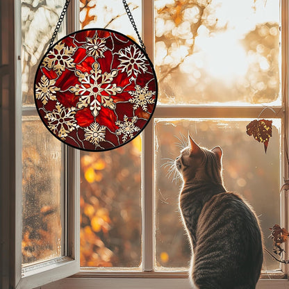 Stained Glass Window Hanging 4 Pcs Set Red Christmas Elk Snowflakes 6.3" - Deer Suncatcher Door Garden Sun Catcher Decor Birthday for Mom Woman Nana Men Friend